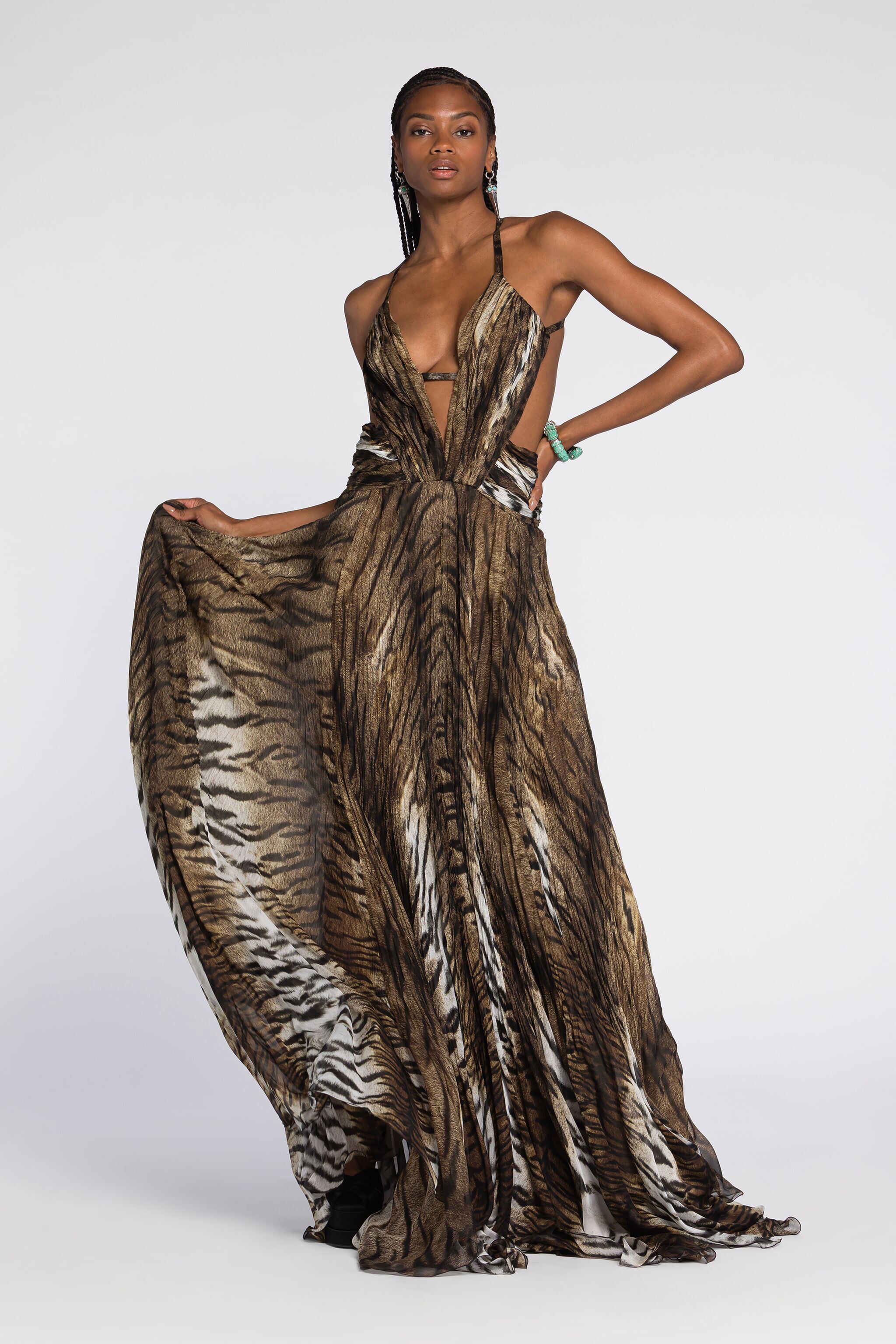 RC Tiger-Print Silk Maxi Dress RC Tiger-Print Silk Maxi Dress Brown QKT195-CTG77