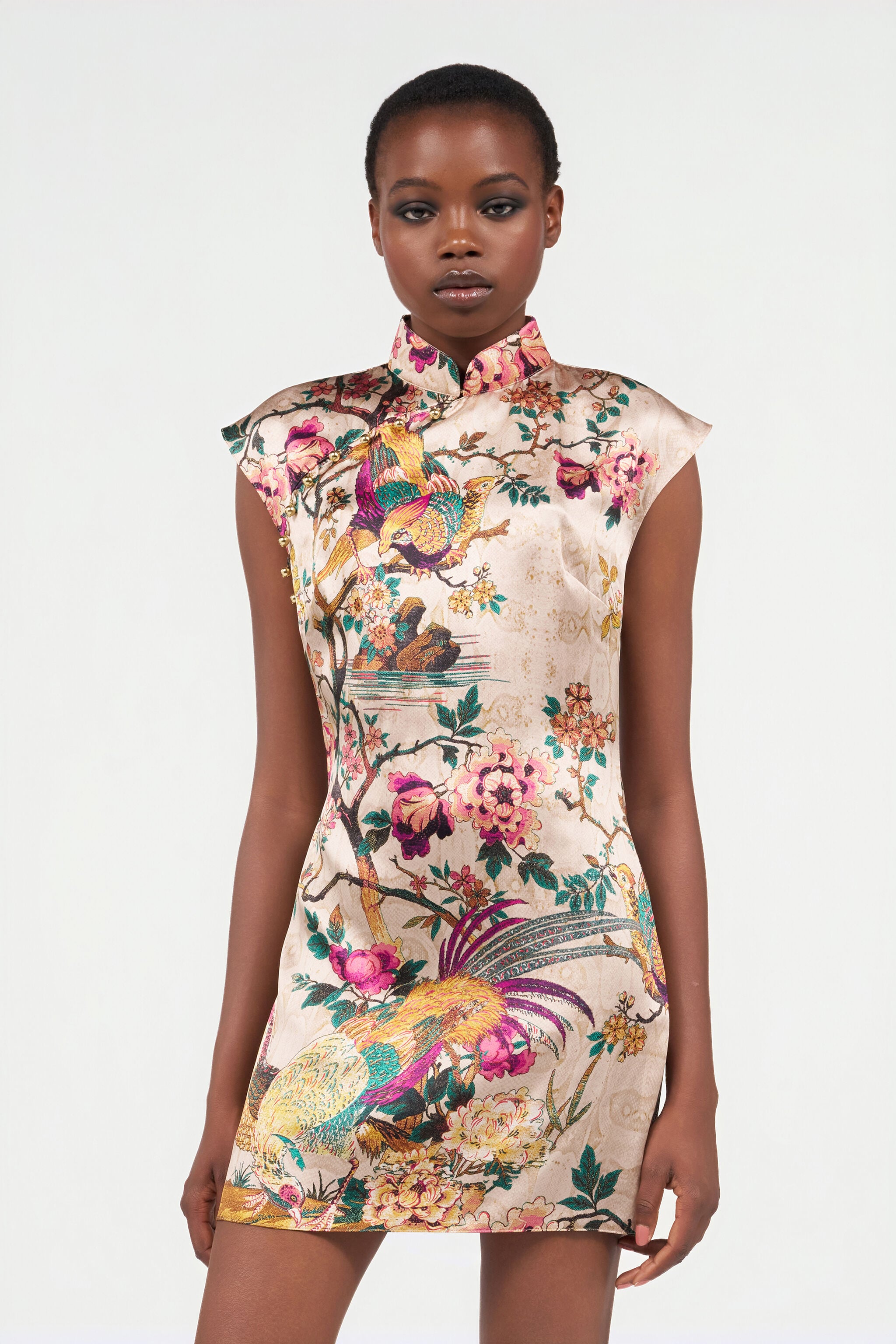 RC Oriental Bird Print Silk Mini Dress Ivory/Pink VKT129-TYP76