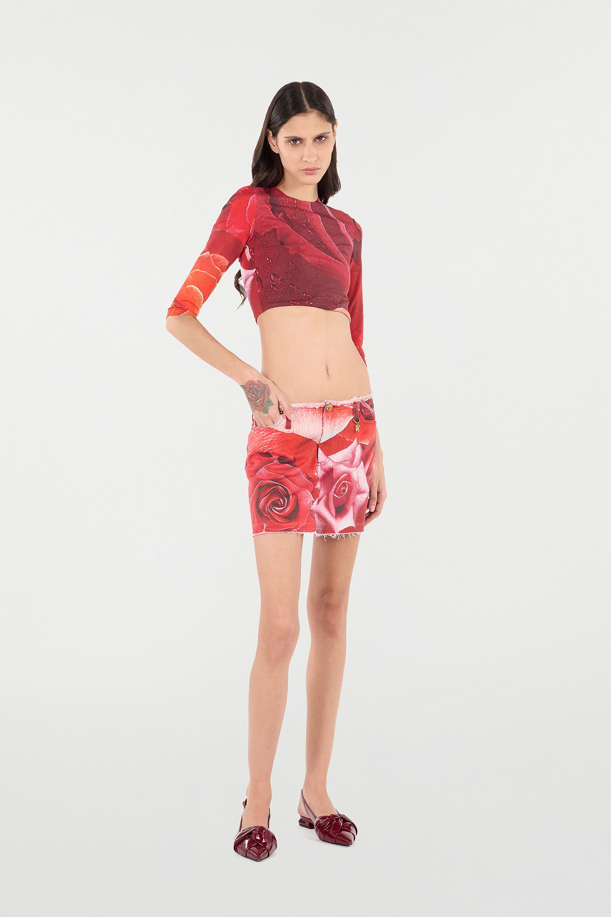 RC Minifalda Con Estampado De Rosas Y Abalorio RC Minifalda Con Estampado De Rosas Y Abalorio Rojo UKJ321-DAN48