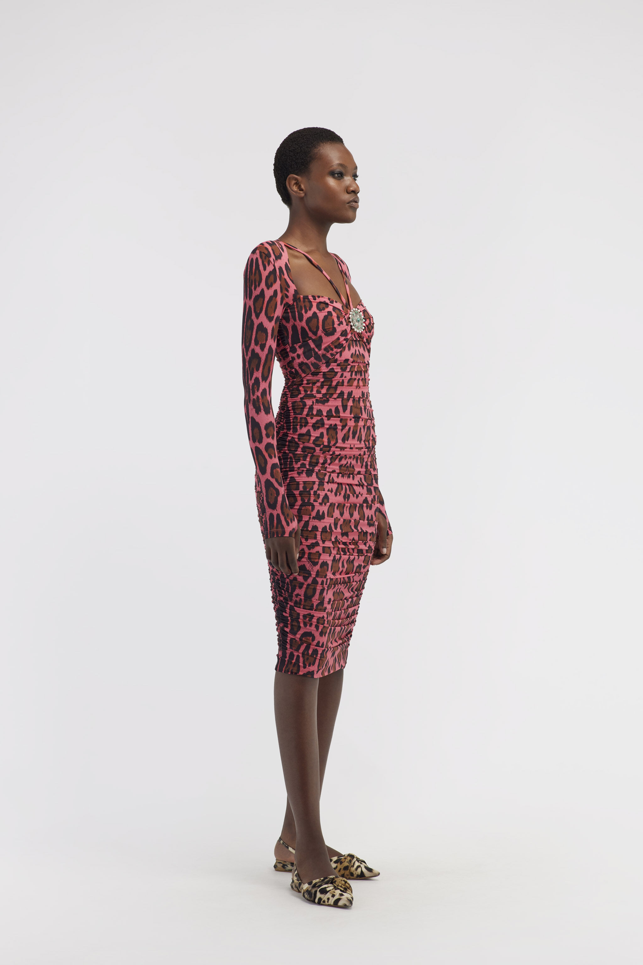 Midi dress with Leopard print in Fuchsia for Women | Roberto Cavalli®