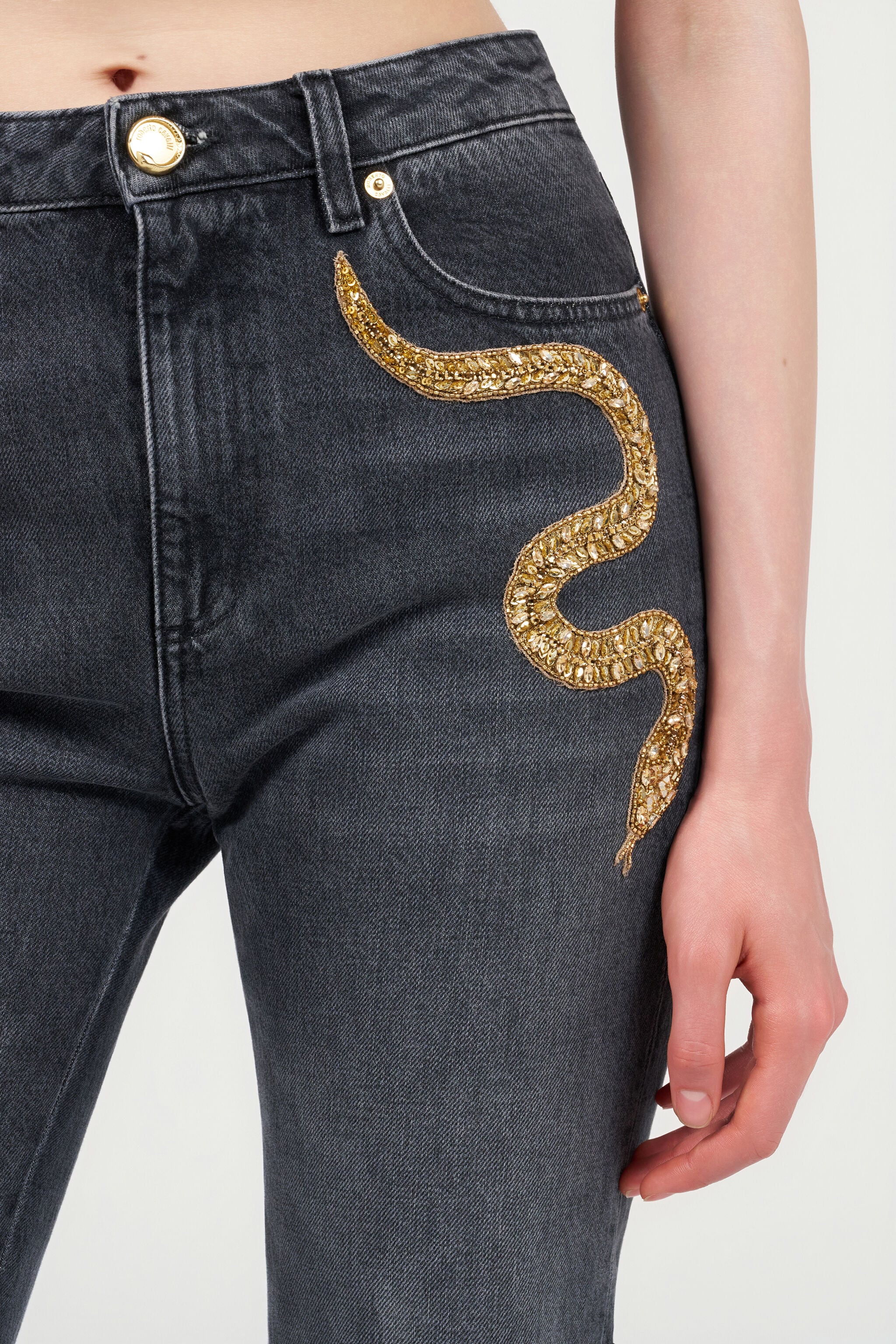Flared Jeans with Snake Embroidery in BLACK for Women | Roberto