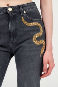 RC Flared Jeans with Snake Embroidery BLACK WKJ222-DN001