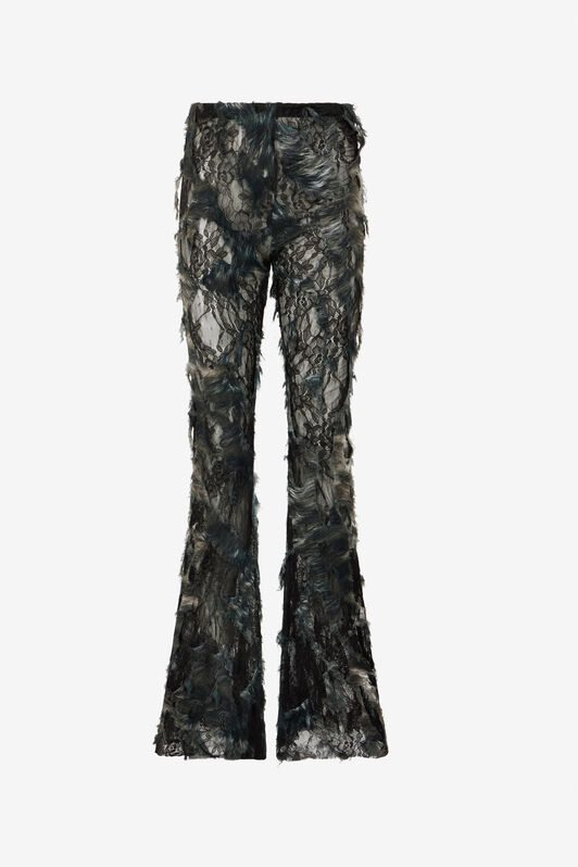 RC Pants with Fur Print on Destroyed-Effect Lace BLACK/BEIGE XWT206-7HT79