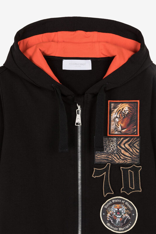JU Animalier Patchwork-Print Appliqué Zip Hoodie Black OJT921-ISA2J