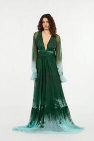 RC Long Empire-Style Pure Silk Dress VERDE/PISCINA VKT152-CKP69
