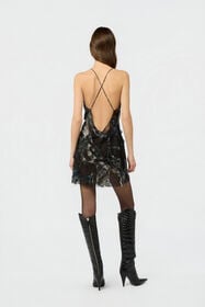RC Mini Dress with Fur Print on Destroyed-Effect Lace BLACK/BEIGE XWT136-7HT79