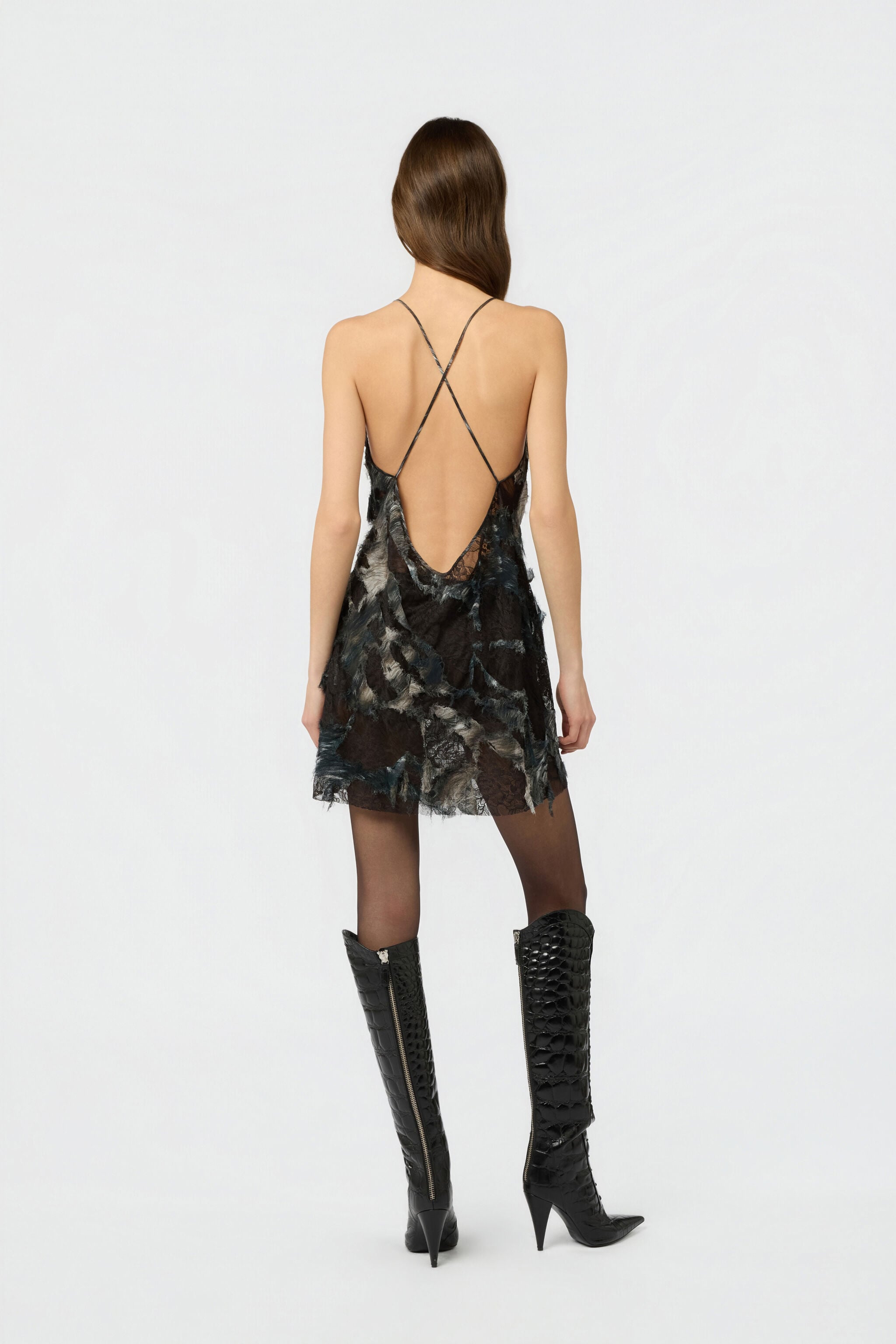 RC Mini Dress with Fur Print on Destroyed-Effect Lace RC Mini Dress with Fur Print on Destroyed-Effect Lace BLACK/BEIGE XWT136-7HT79