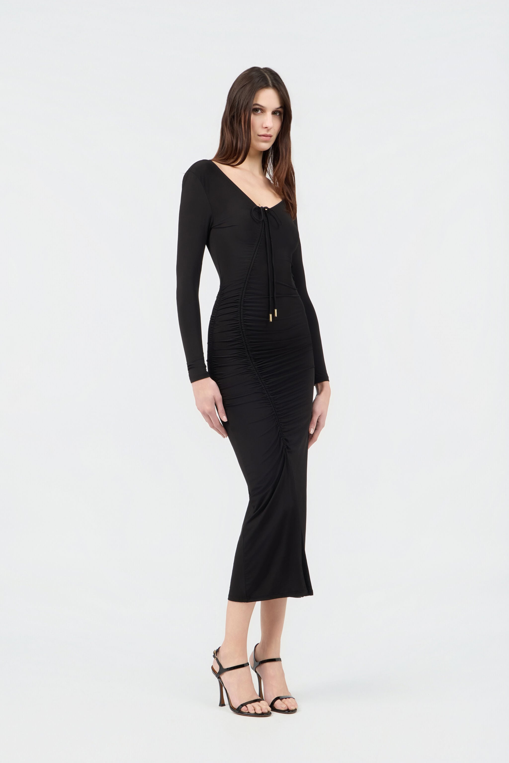 roberto cavalli カシュクール ドレス ワンピース リボン 黒 Black Ruched Midi Dress in BLACK for Women | Roberto Cavalli®