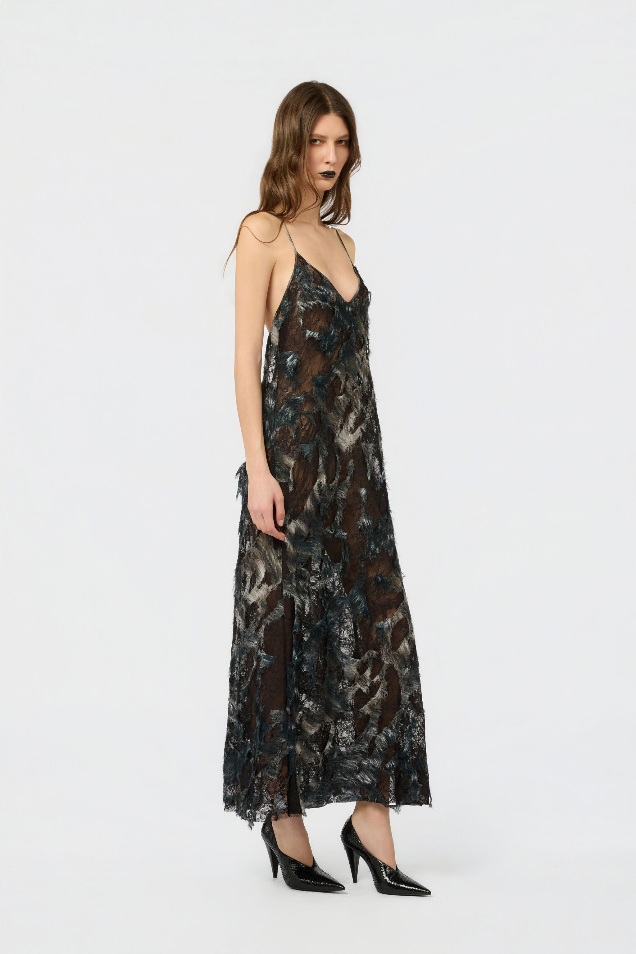 RC Midi Dress with Fur Print on Destroyed-Effect Lace BLACK/BEIGE XWT102-7HT79