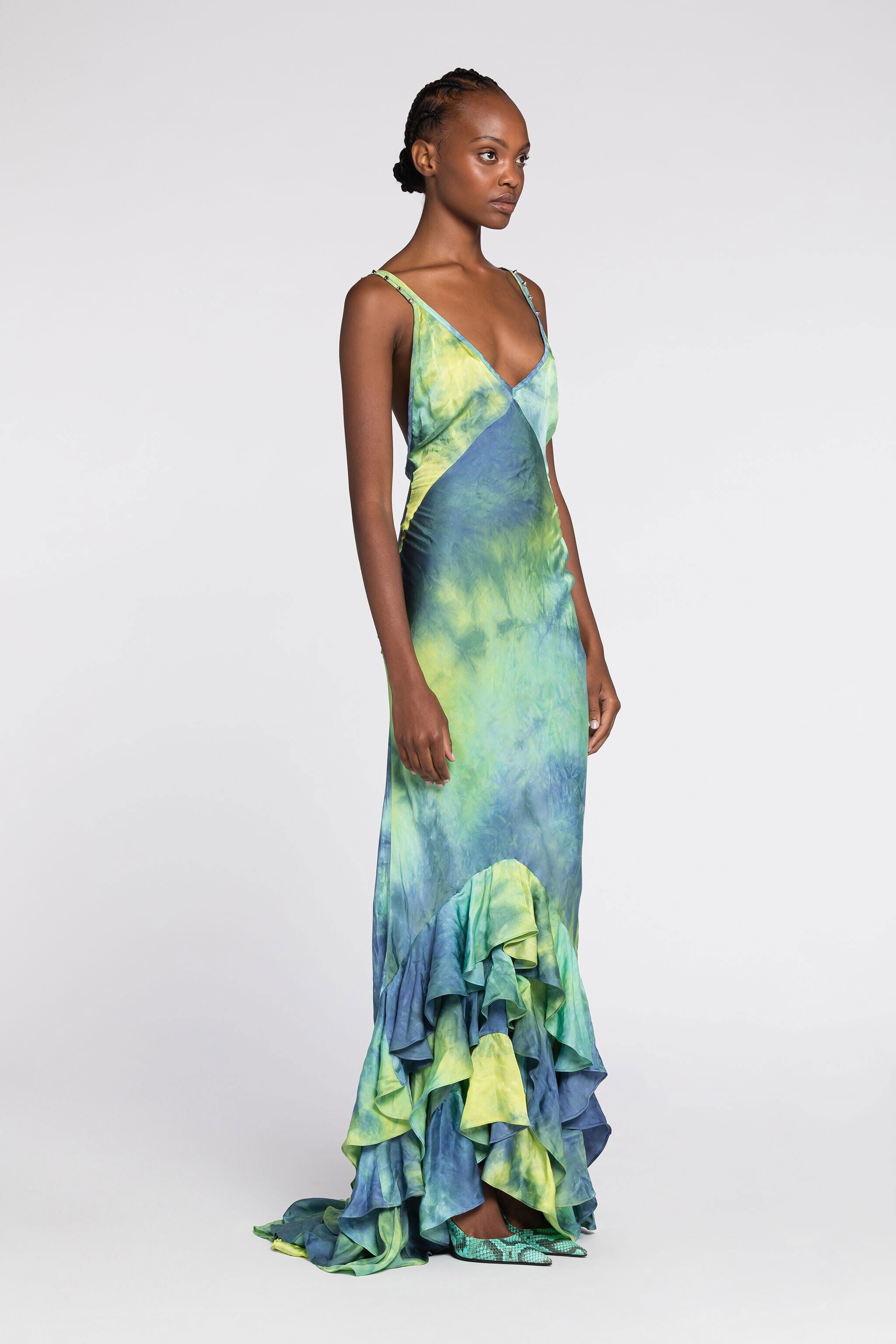 RC Tie-dye print ruffle-hem maxi dress RC Tie-dye print ruffle-hem maxi dress Light green/Light blue QKR122-RK007