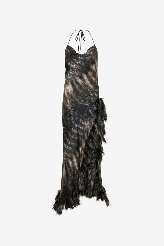 RC Kleid aus Seide mit Fur-Print BLACK/BEIGE XWT151-TYT79