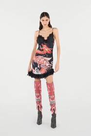 RC Vestido Mini De Seda Con Dragón Y Volantes Negro/Rojo VQT118-OZP75