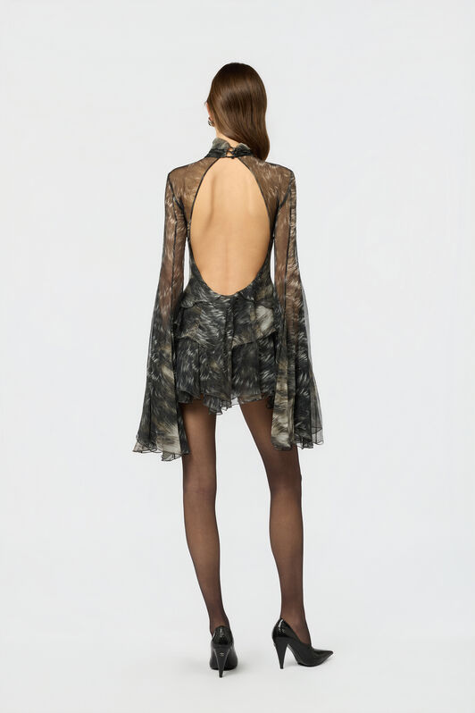 RC Mini Dress in Silk with Fur Print BLACK/BEIGE XWT101-CKT79