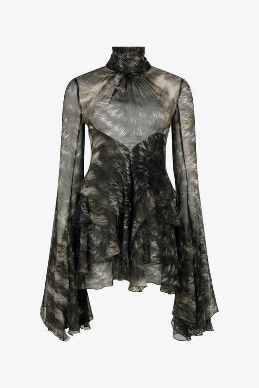 RC Mini Dress in Silk with Fur Print BLACK/BEIGE XWT101-CKT79