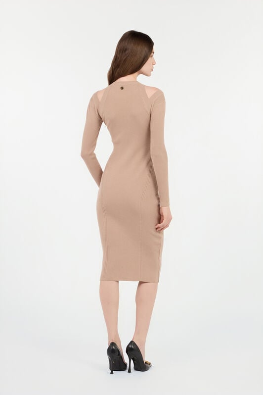 RC Beigefarbenes Geripptes Midi-Kleid Mit Cut-Outs RC Beigefarbenes Geripptes Midi-Kleid Mit Cut-Outs NUTS ROM10B-FEC33