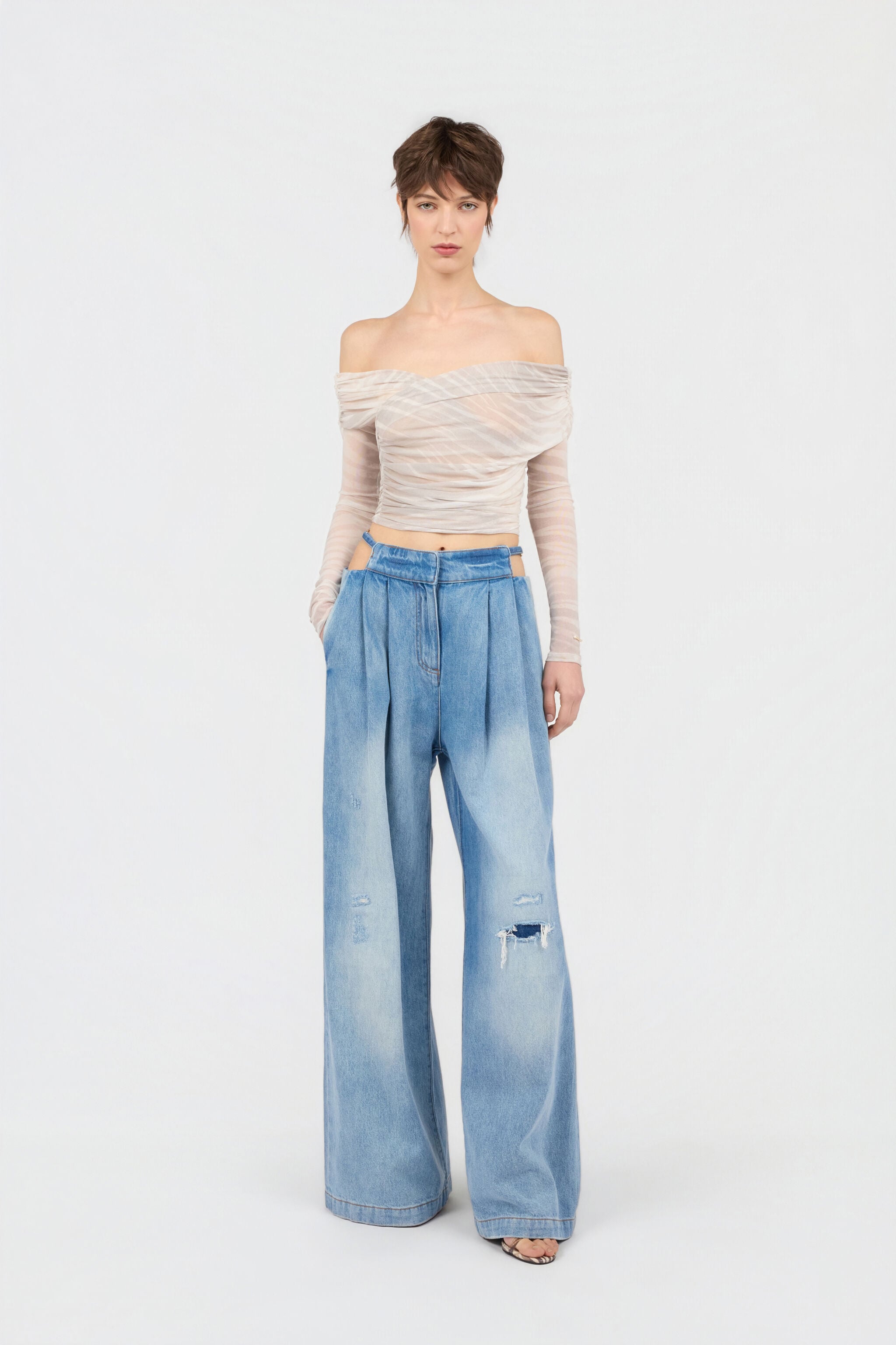 JC Top de hombros descubiertos con estampado Natural Barb JC Top de hombros descubiertos con estampado Natural Barb OFF WHITE WFT239-WF621