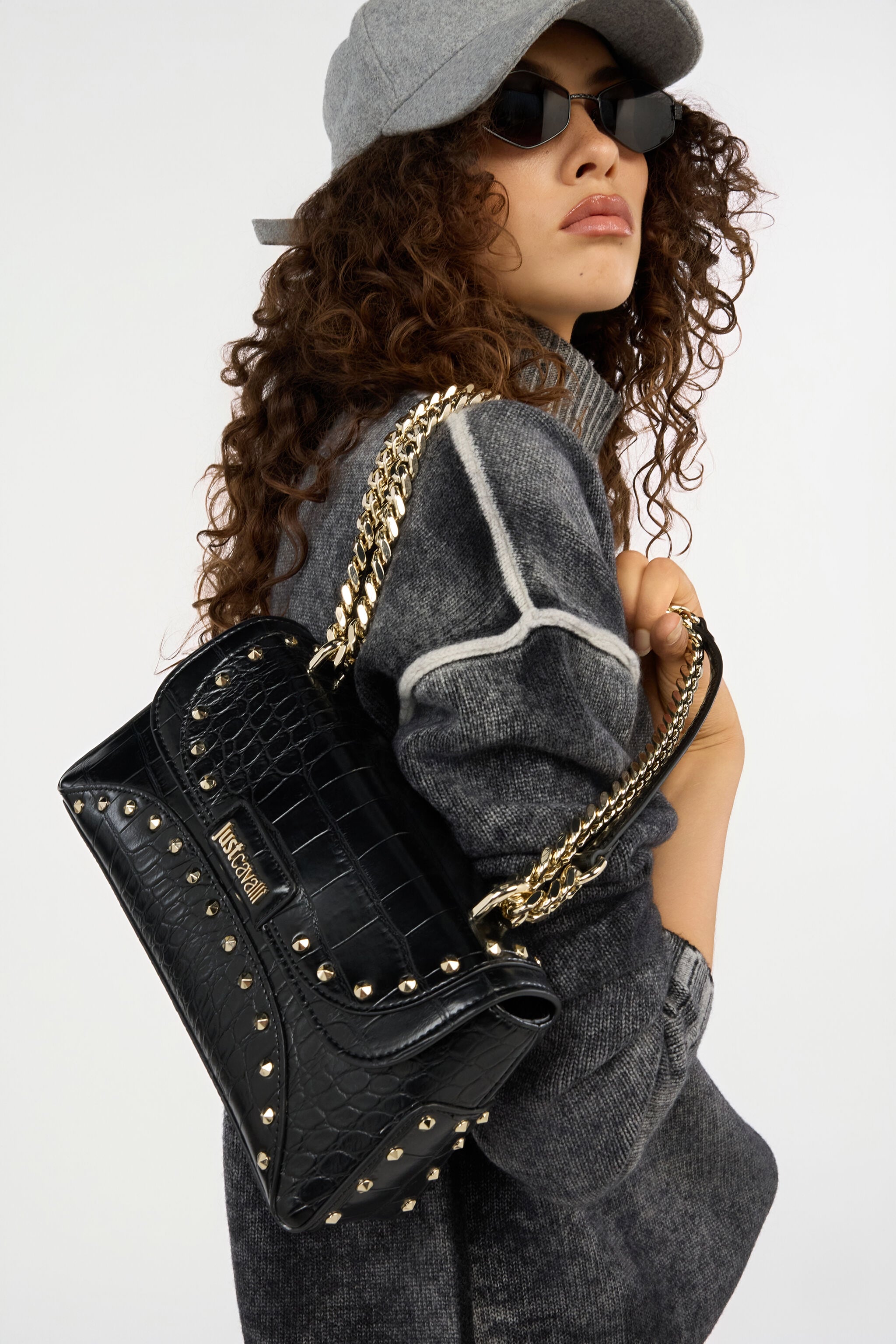 JC Black Croc-Effect Studded Shoulder Bag JC Black Croc-Effect Studded Shoulder Bag BLACK VFB080-VF712