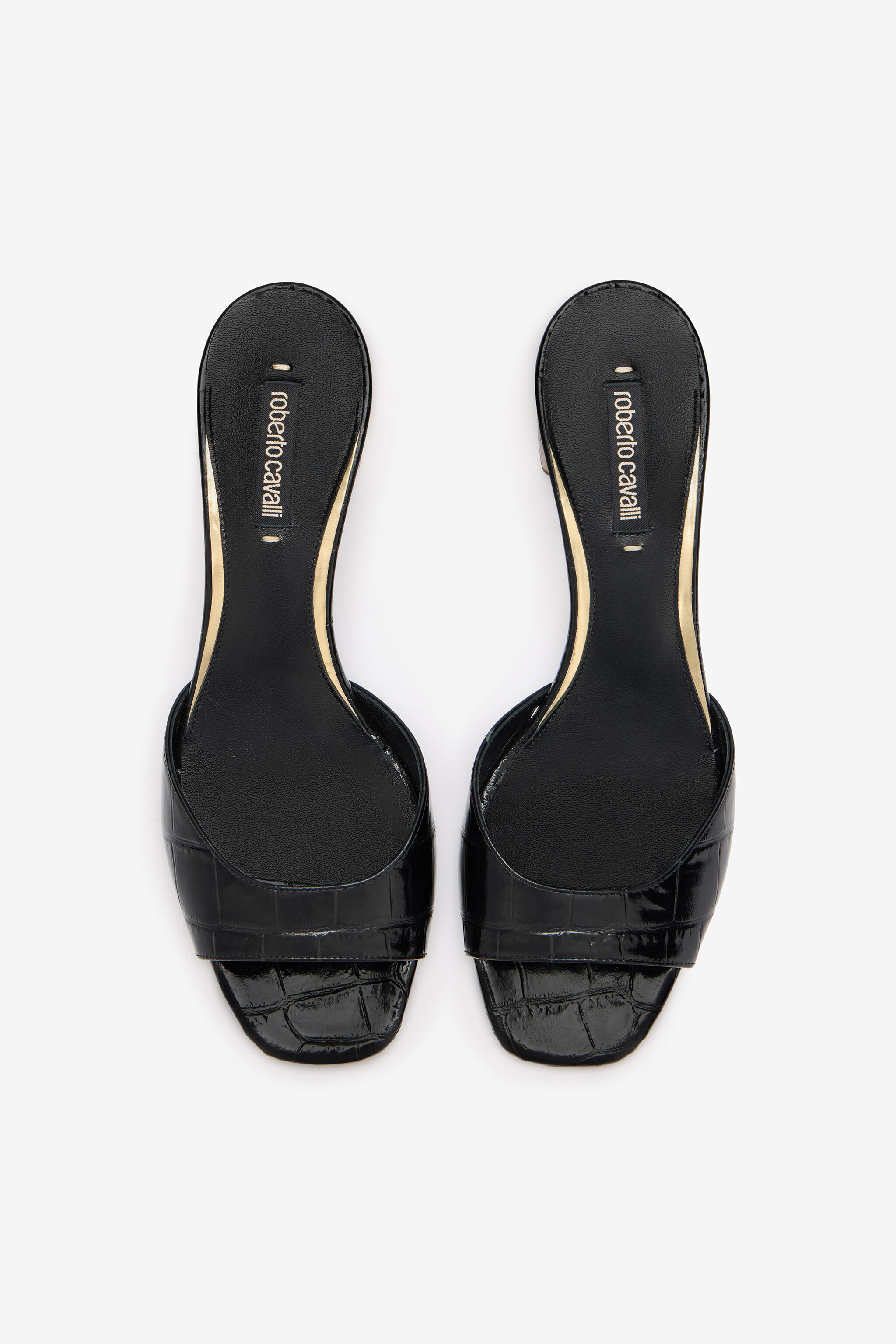 Mules With Thick Golden Heel in Black for Women | Roberto Cavalli®