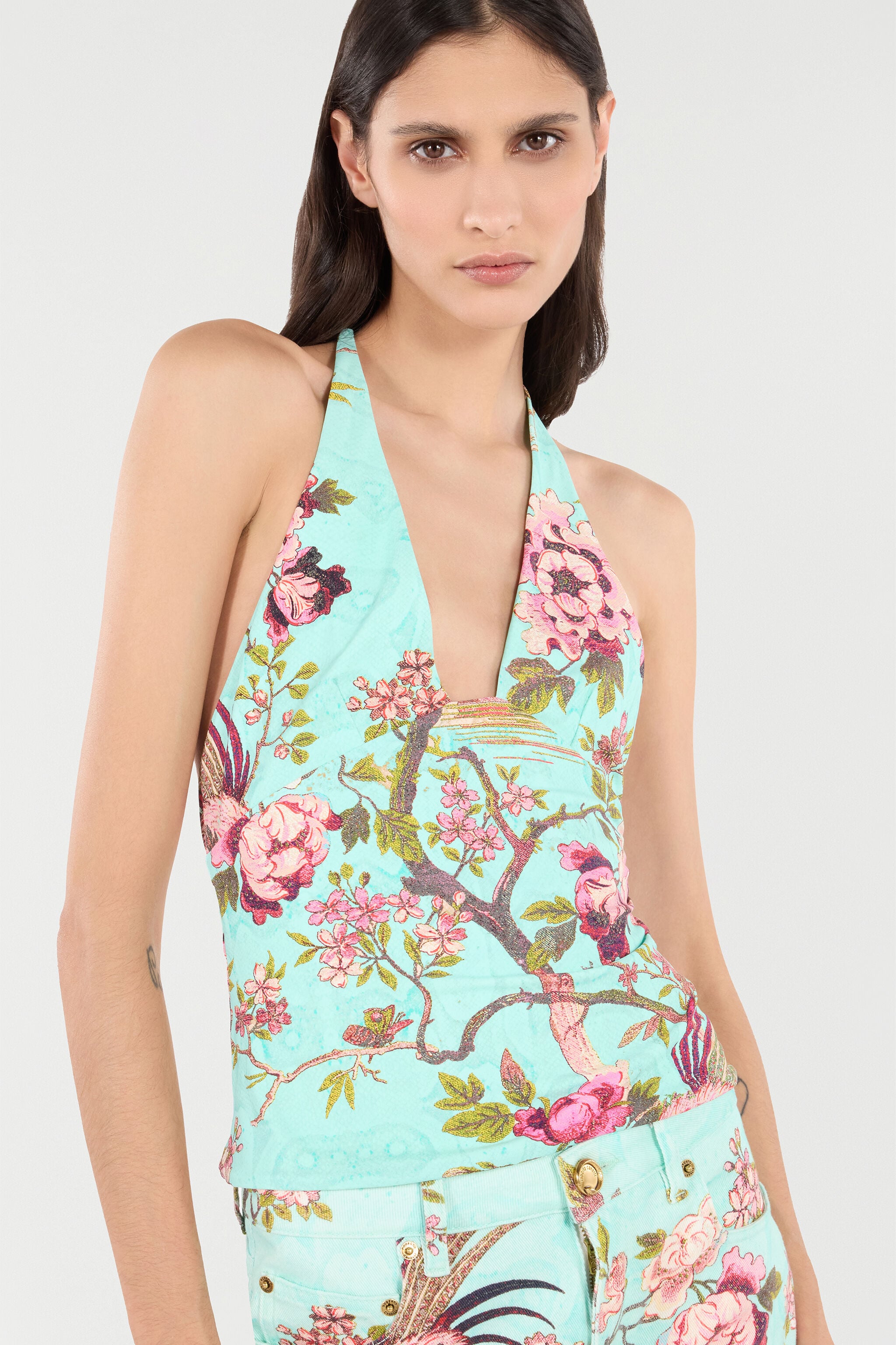 RC Top With Oriental Bird Print Blue/Pink VKT612-LNP76