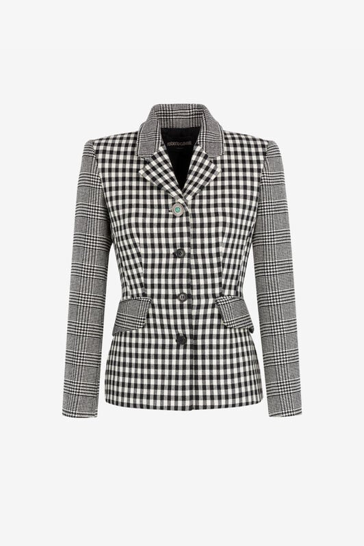 RC Gingham and Houndstooth Single-Breasted Blazer RC Gingham and Houndstooth Single-Breasted Blazer Black/White RKT403-FE033