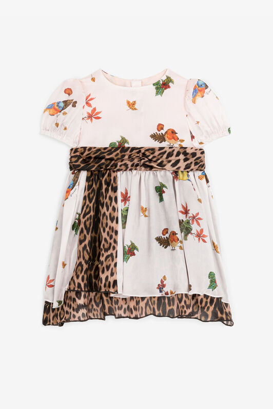 JU Vestido de seda con estampados Leopard y Bird Rosa RJT10A-2NH90