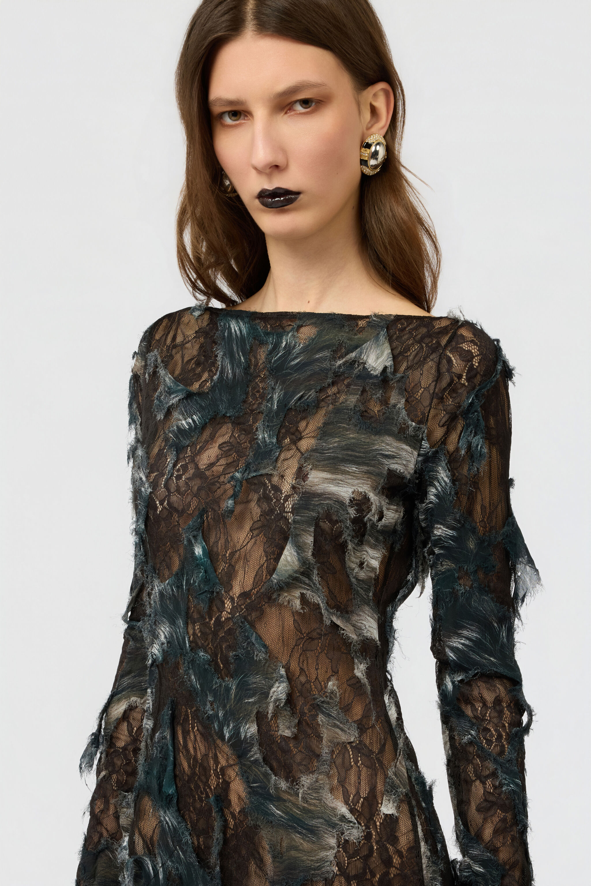 RC Dress with Fur Print on Destroyed-Effect Lace RC Dress with Fur Print on Destroyed-Effect Lace BLACK/BEIGE XWT145-7HT79