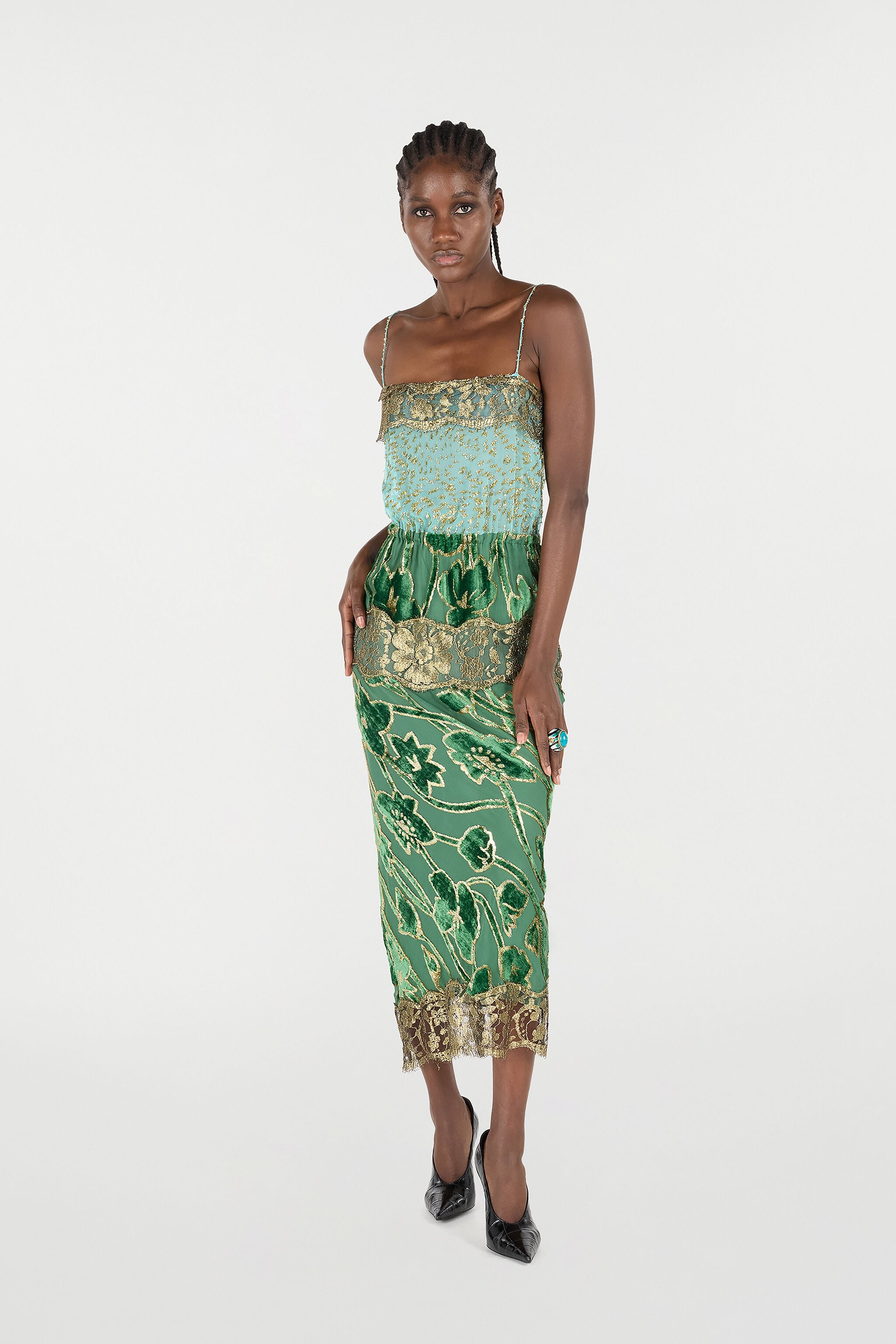 RC Long Silk Dress With Decorations VERDE/ORO VKT119-FC007