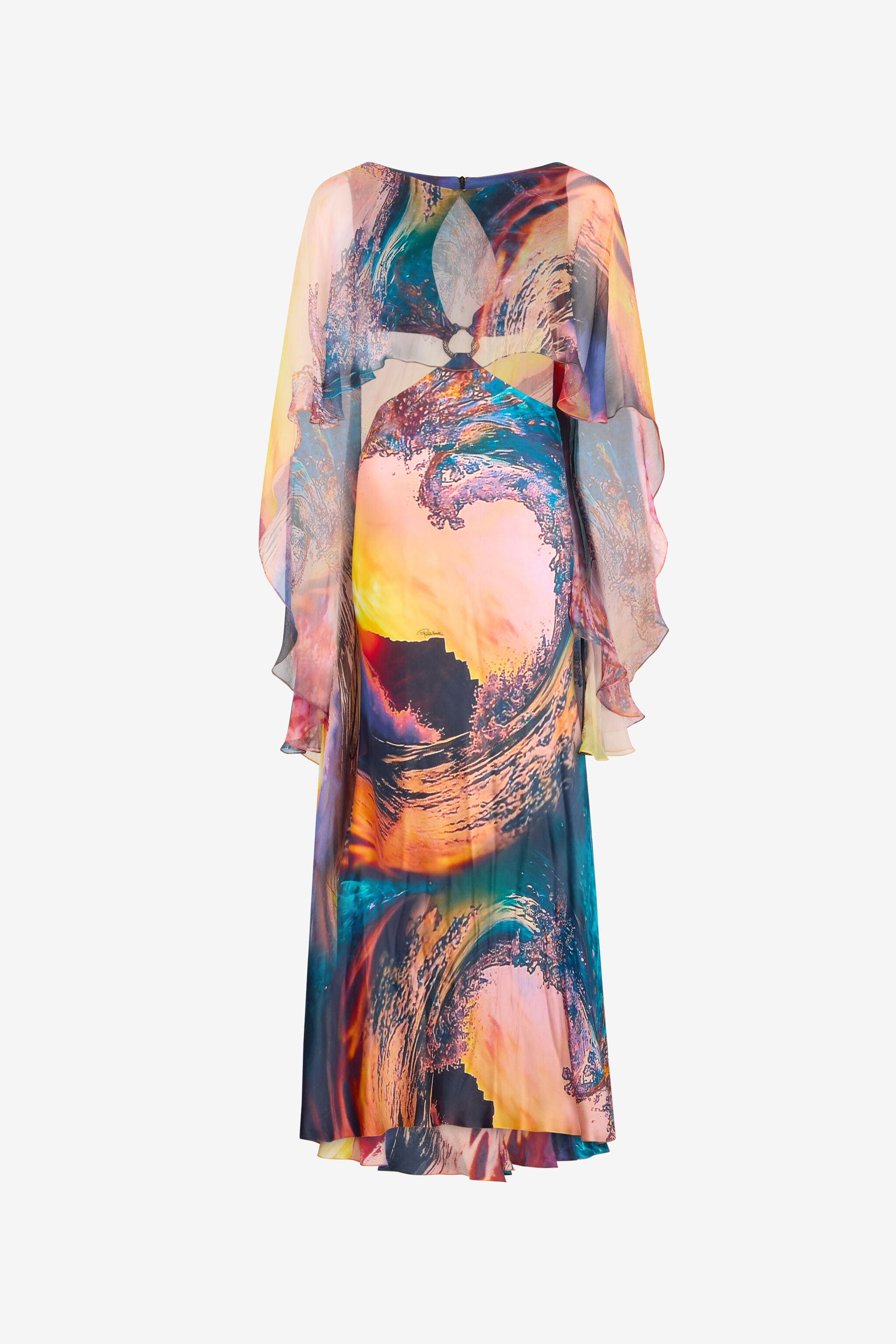 Itaca Print Long Dress with Cape in Blue/Orange for Women