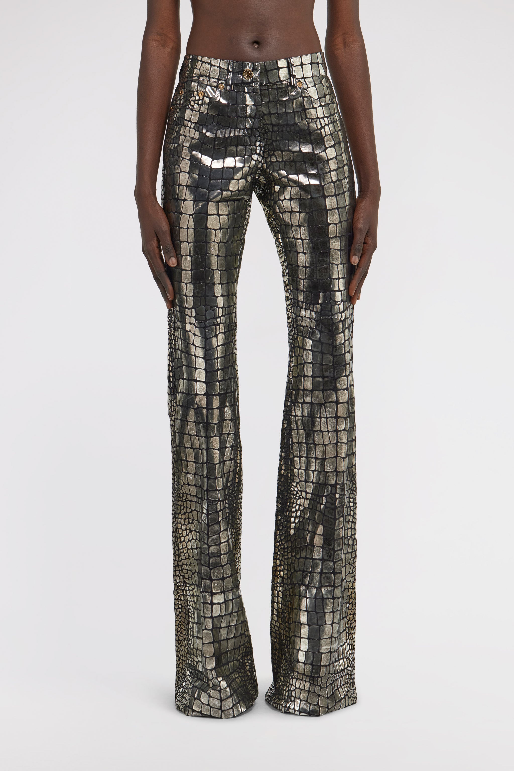 Crocodile Effect Pants in Silver for Women | Roberto Cavalli®