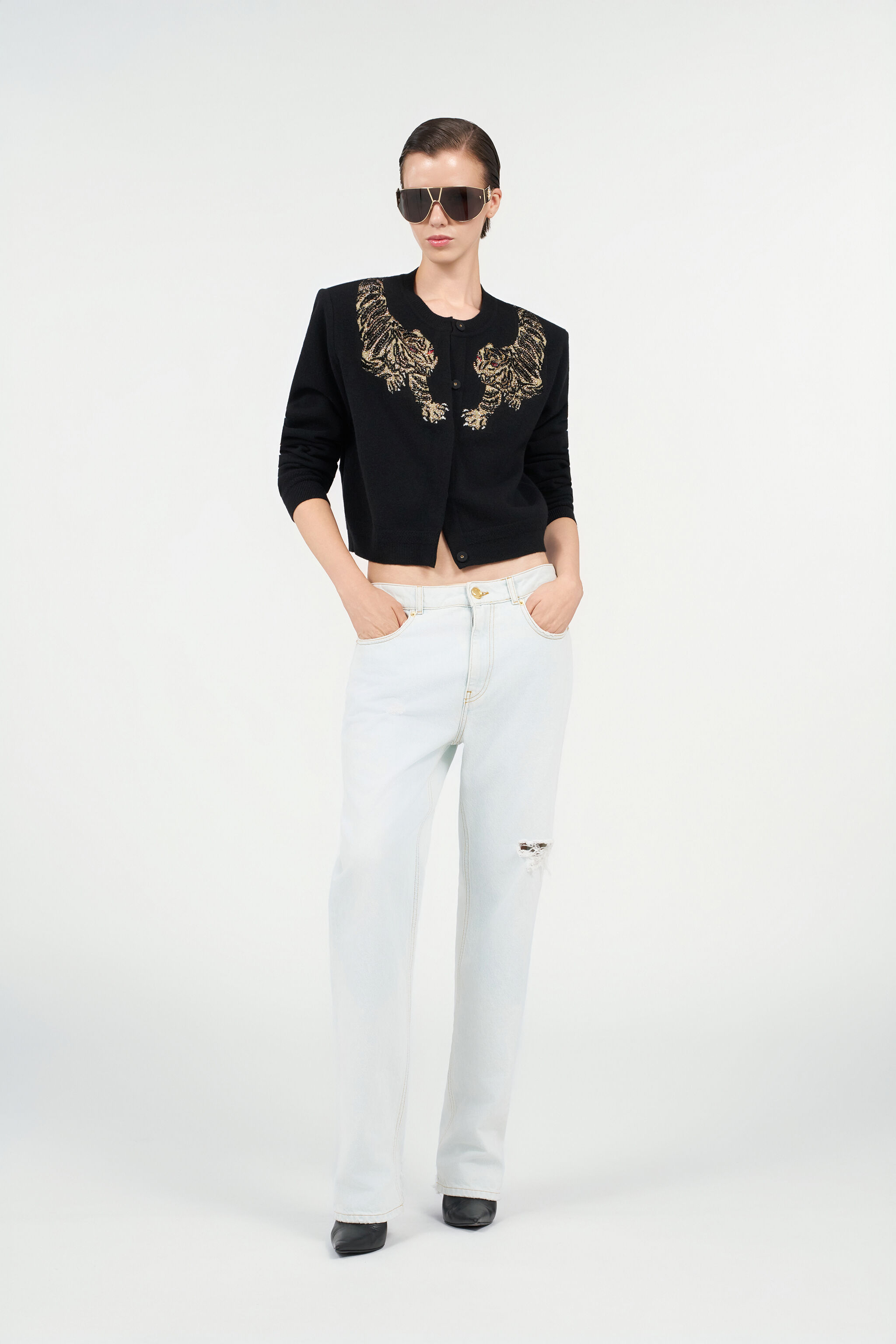 Wool Cardigan with Tiger Embroidery in BLACK for Women | Roberto