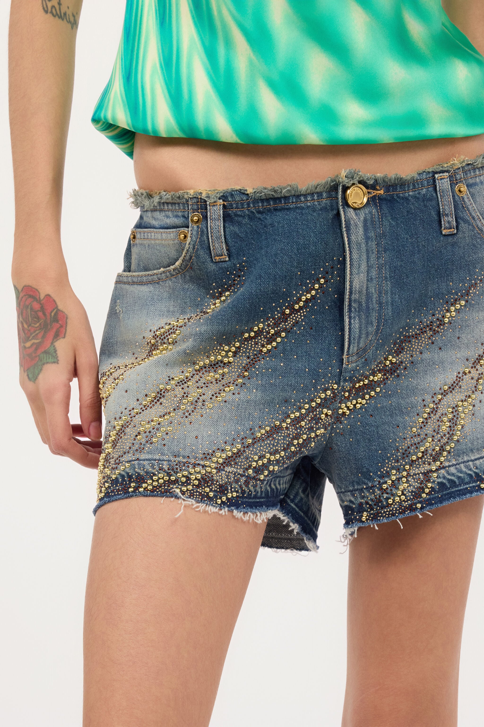 RC Shorts With Studded And Rhinestone-Detailed Zebra Pattern RC Shorts With Studded And Rhinestone-Detailed Zebra Pattern Blue UKJ241-VT007