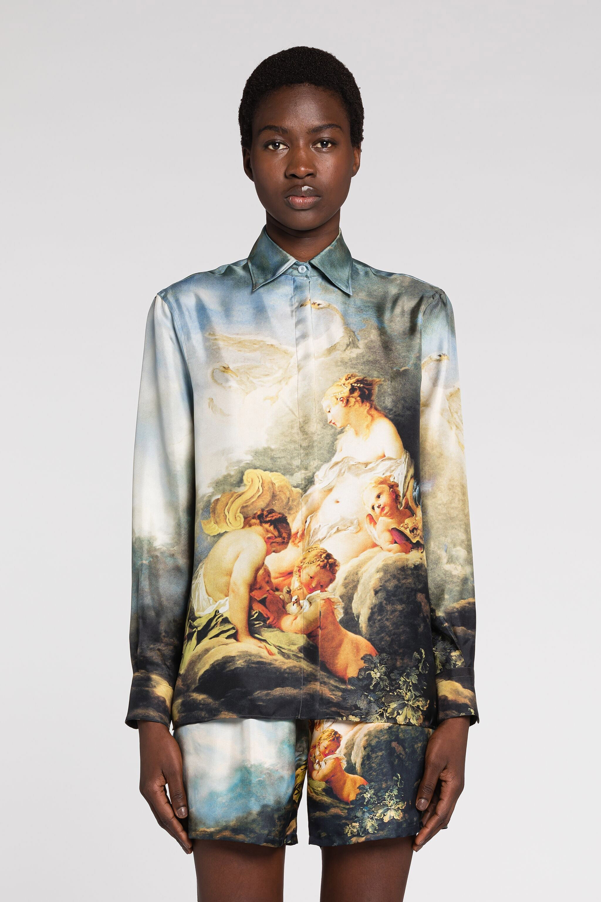 Painting-Print Silk Shirt in Light blue for Women | Roberto Cavalli®