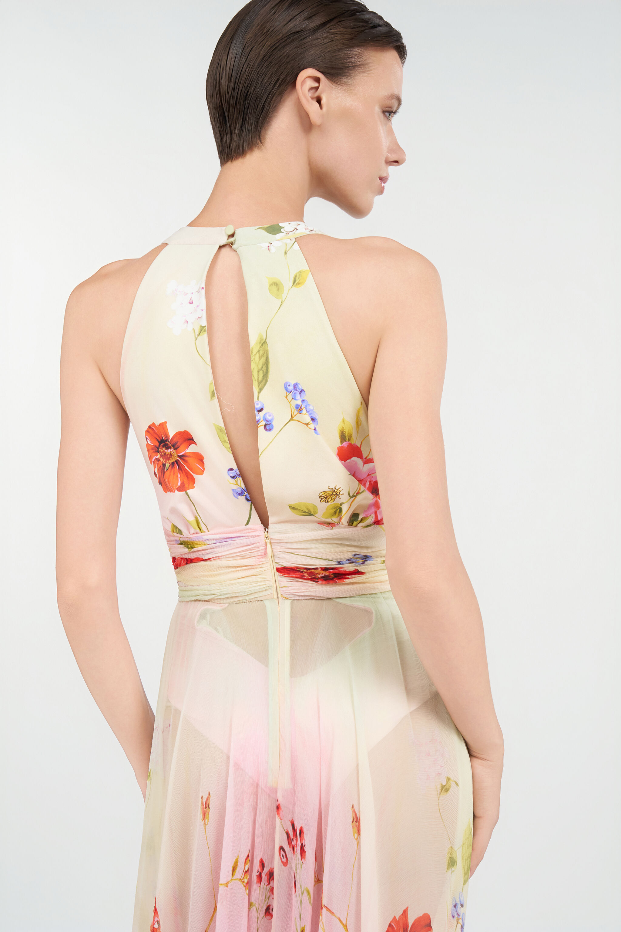 Long Chiffon Dress with Miami Flowers Print in MULTICOLOR for