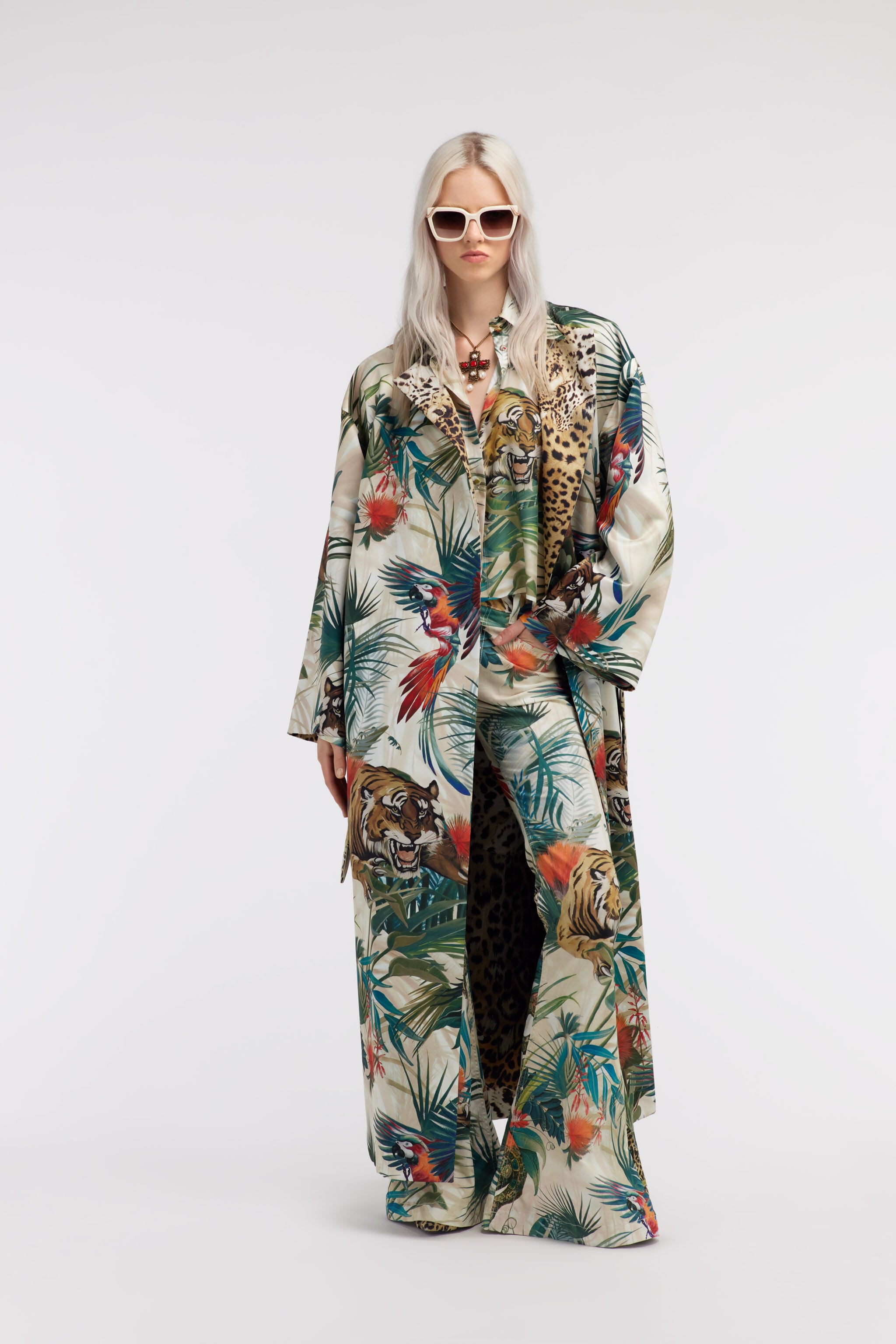 RC Jungle Print Belted Robe Coat With Silk Details RC Jungle Print Belted Robe Coat With Silk Details Green SKT501-SWI88
