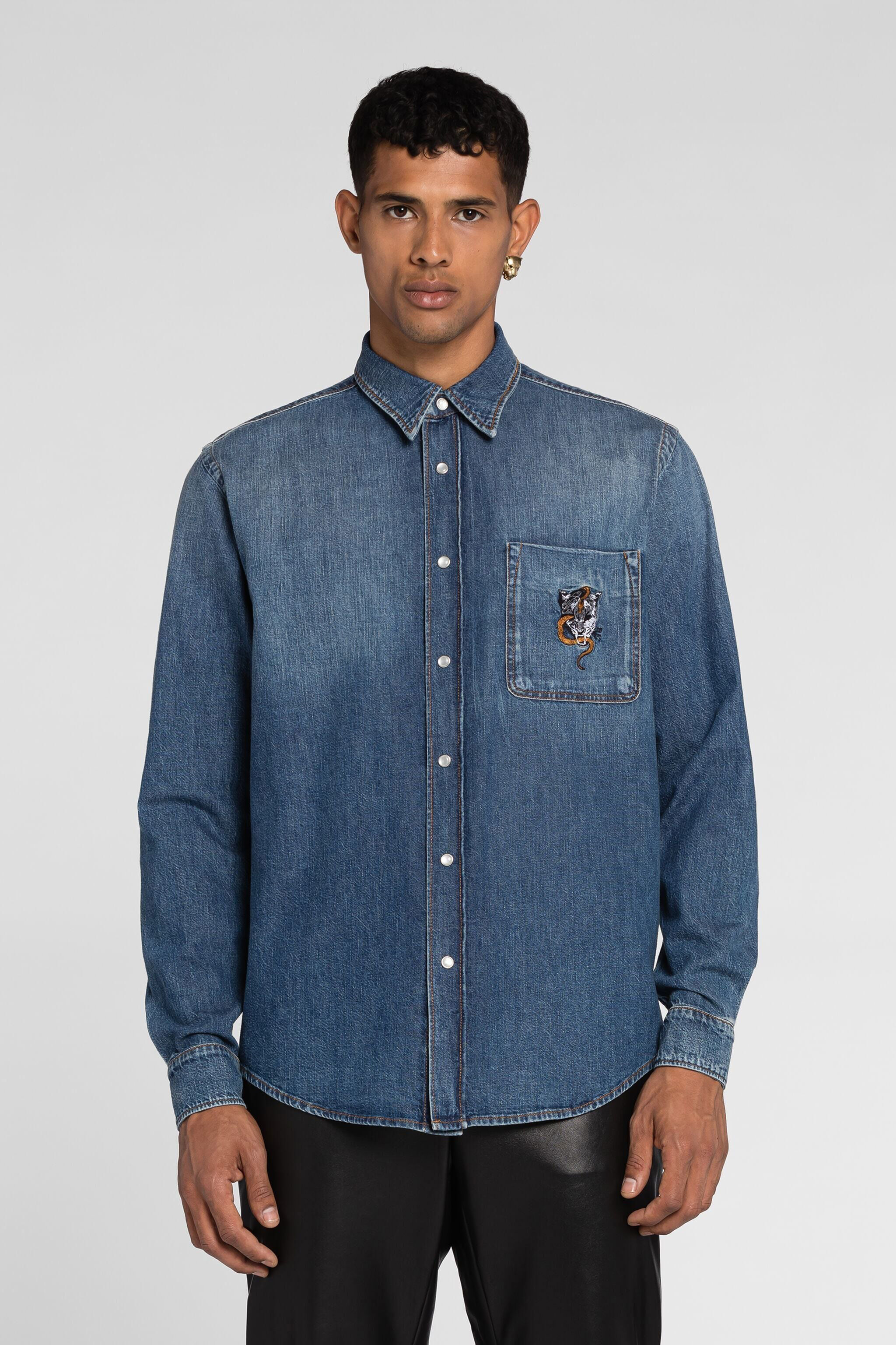 RC Serpentine Jaguar-Embroidered Denim Shirt RC Serpentine Jaguar-Embroidered Denim Shirt Dark blue PRJ766-DL001