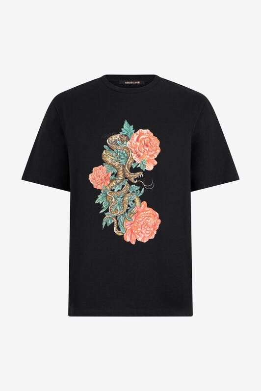 RC Black T-Shirt With Snake Floral Print RC Black T-Shirt With Snake Floral Print BLACK XNT61A-JD060