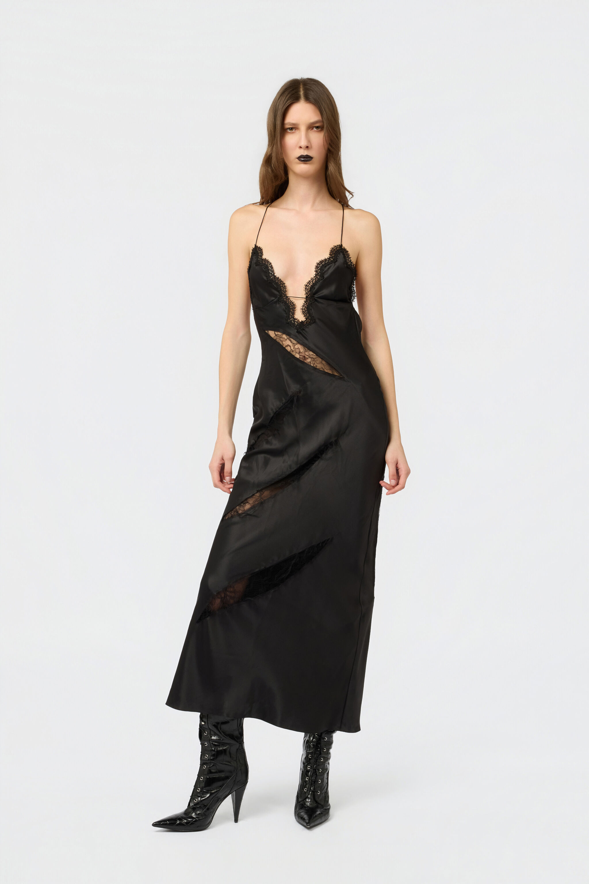 RC Robe En Soie Noire Avec Découpes En Dentelle BLACK XWT147-SE041