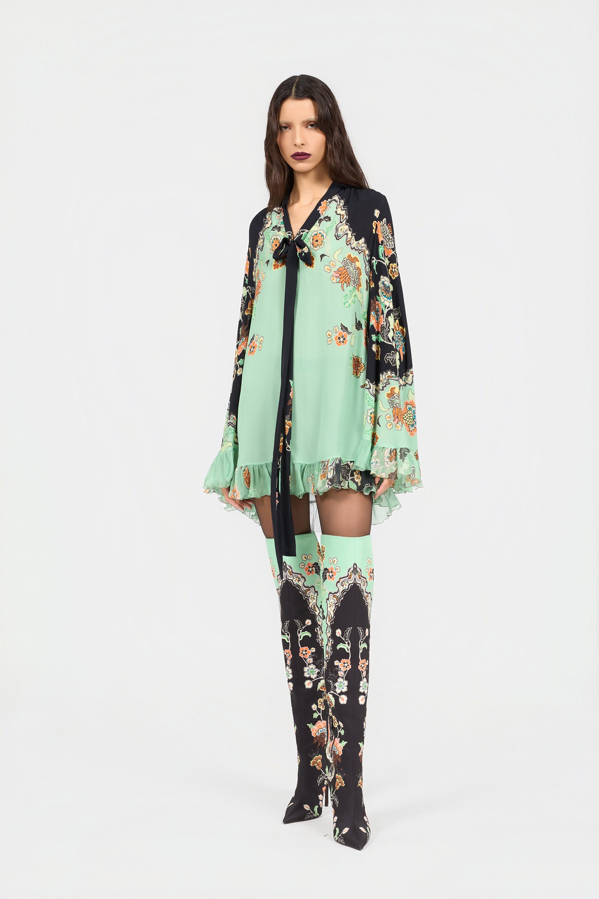 Kimono Print Mini Dress in GREEN/BLACK for Women | Roberto Cavalli®