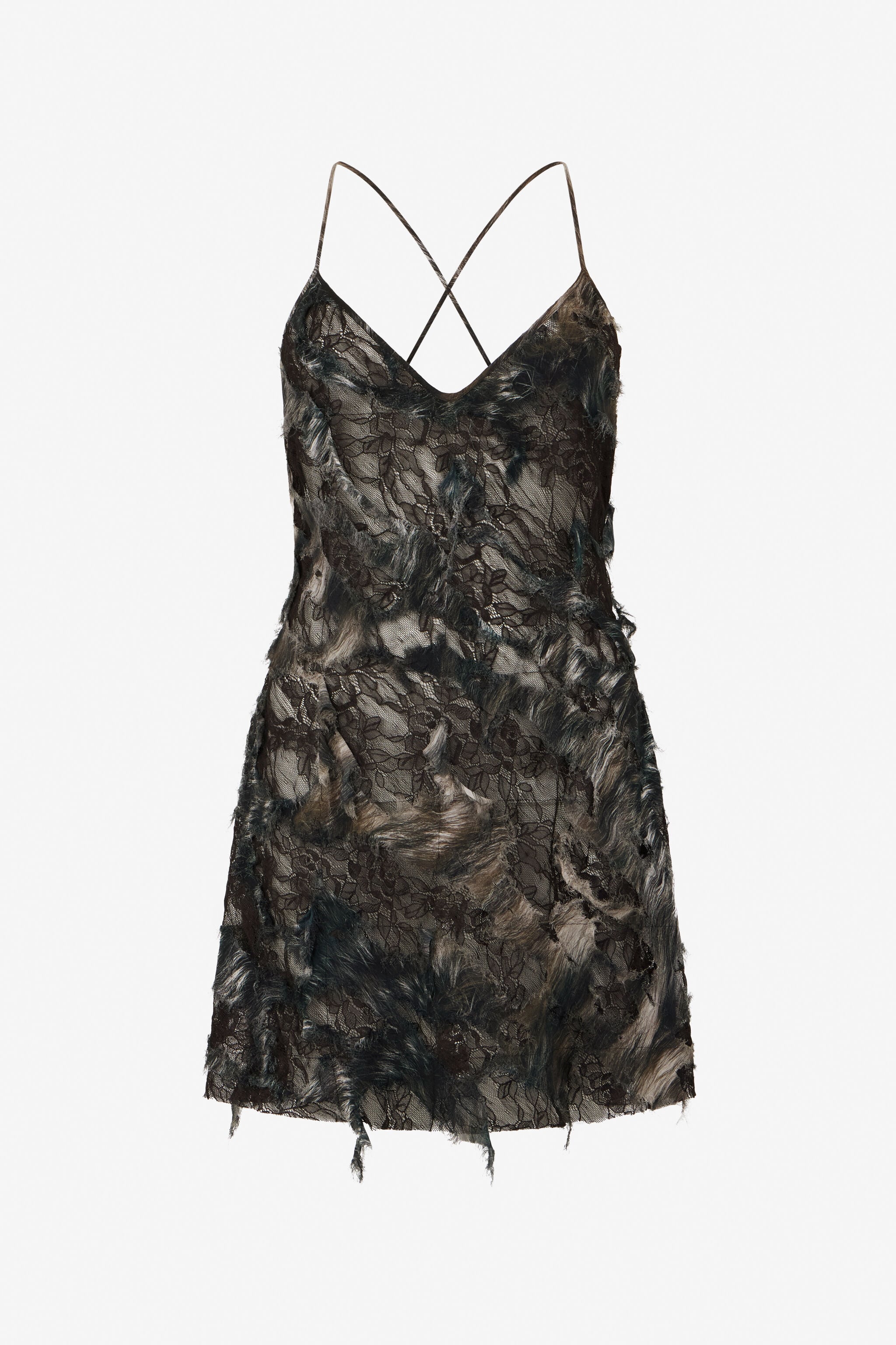 RC Mini Dress with Fur Print on Destroyed-Effect Lace RC Mini Dress with Fur Print on Destroyed-Effect Lace BLACK/BEIGE XWT136-7HT79