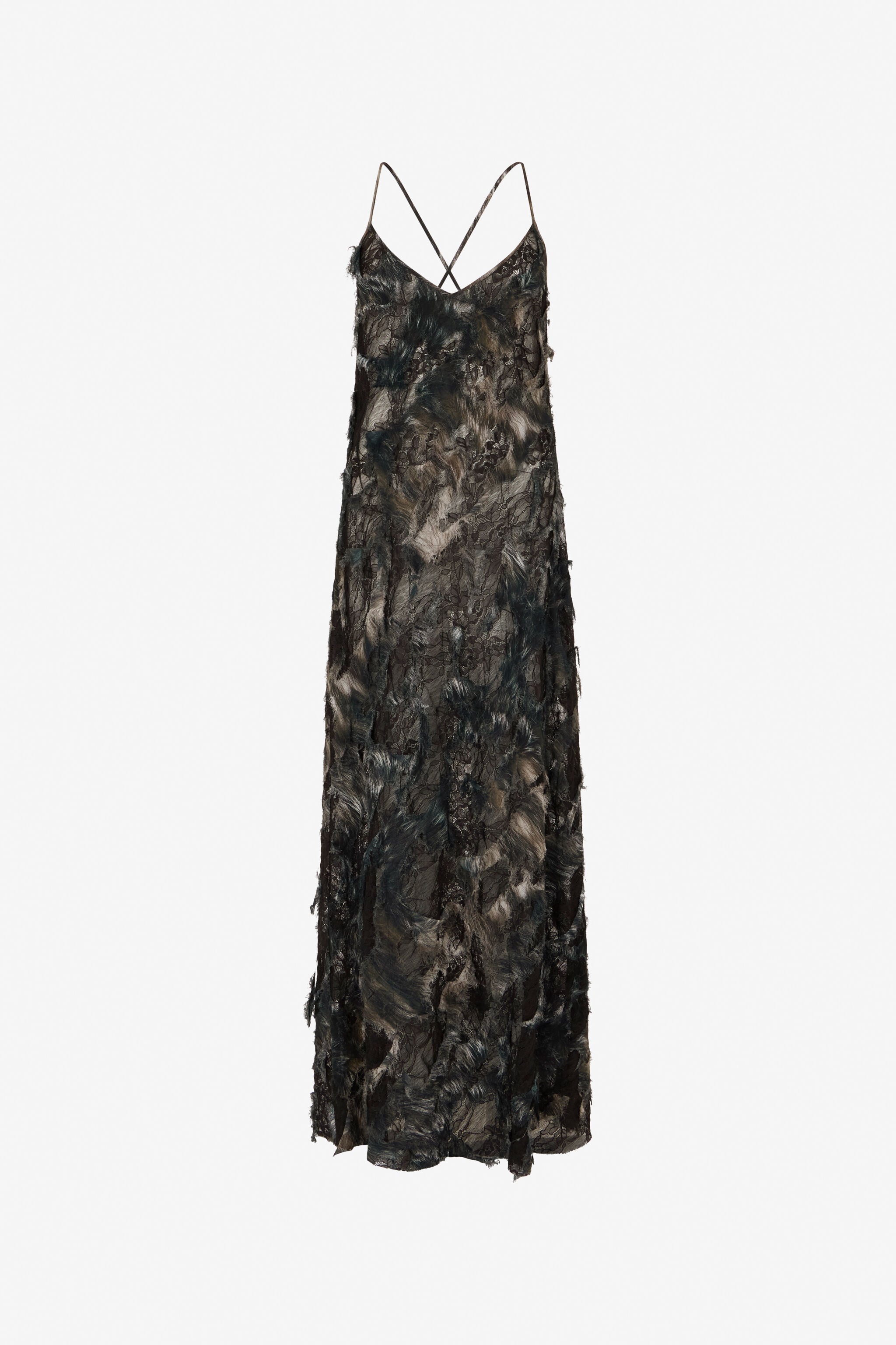 RC Midi Dress with Fur Print on Destroyed-Effect Lace BLACK/BEIGE XWT102-7HT79