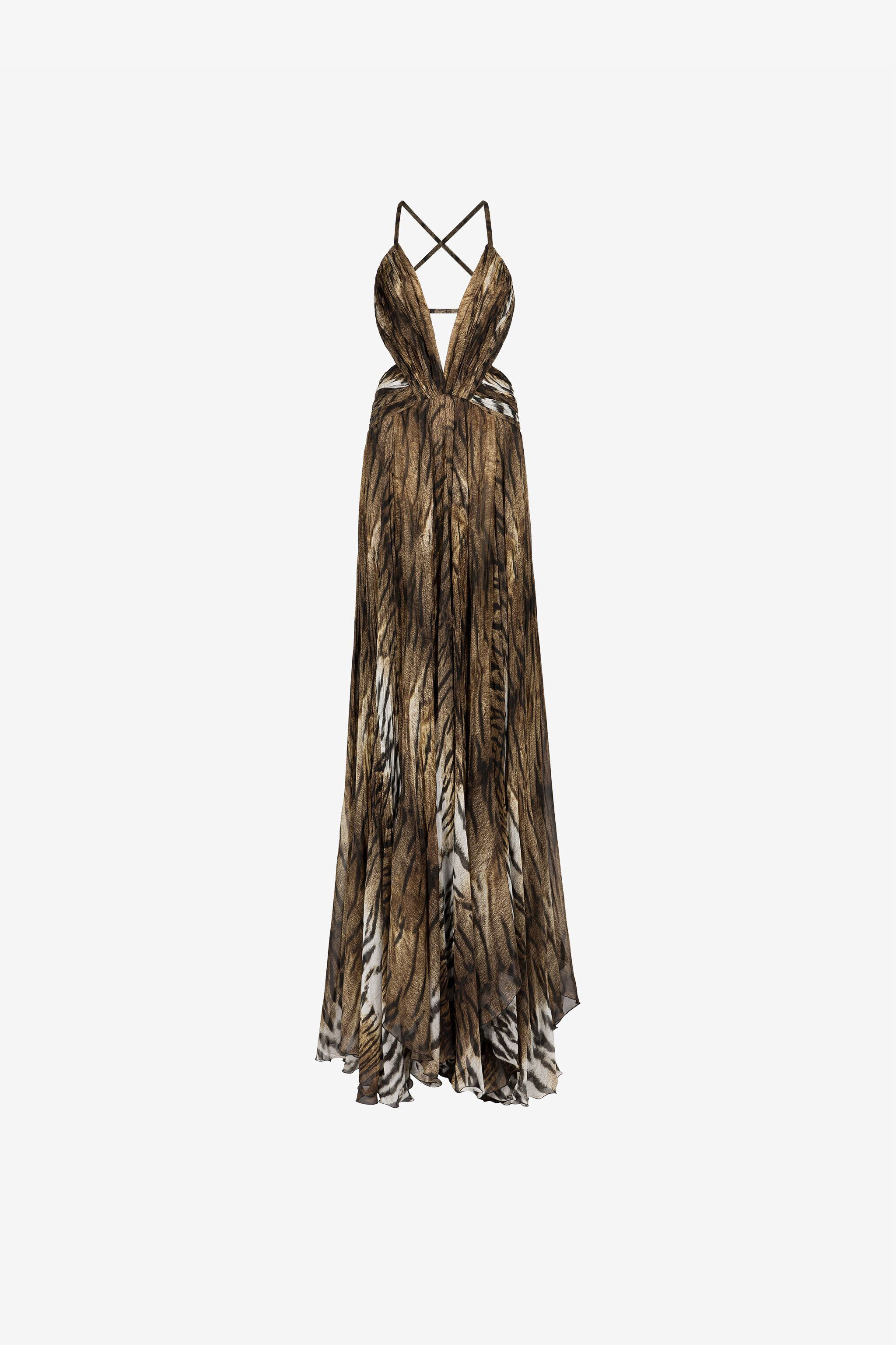 Tiger-Print Silk Maxi Dress in Brown for Women | Roberto Cavalli®
