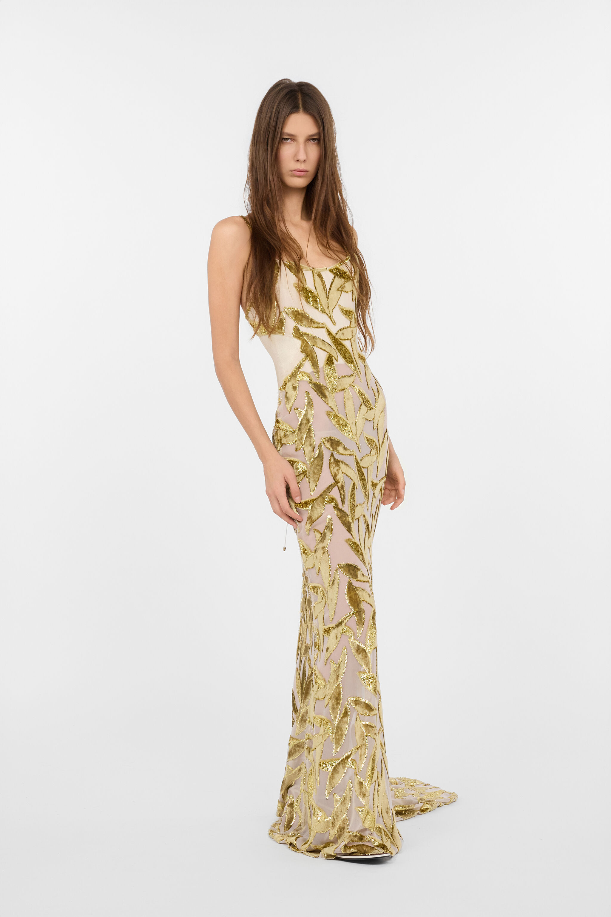 Extra-long Sheer Ivory Dress with Foliage Motif in IVORY for Women