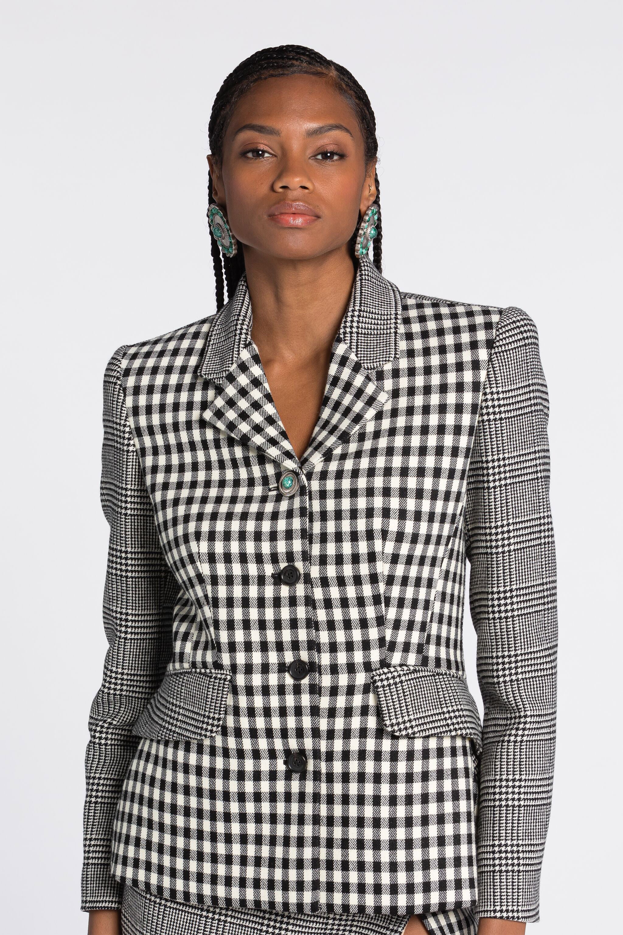 RC Gingham and Houndstooth Single-Breasted Blazer RC Gingham and Houndstooth Single-Breasted Blazer Black/White RKT403-FE033