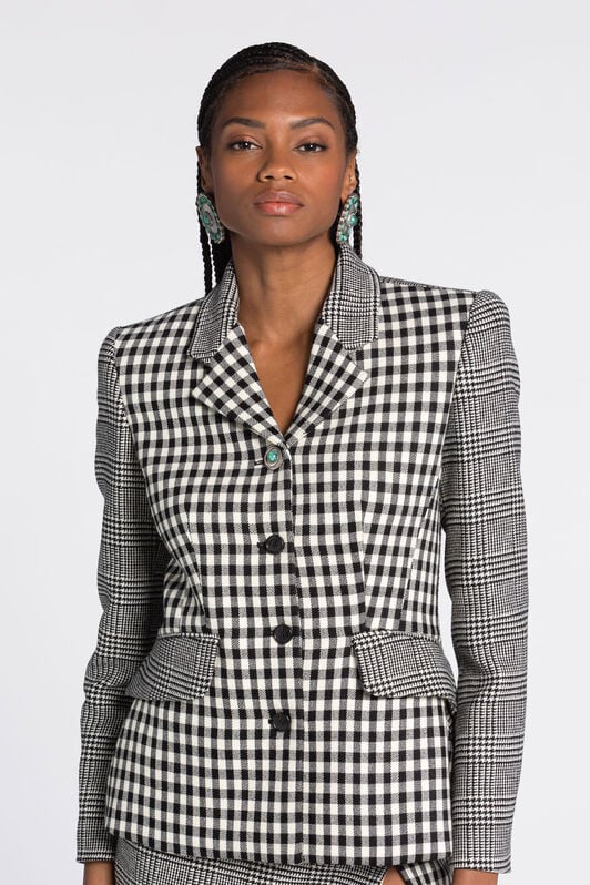 RC Gingham and Houndstooth Single-Breasted Blazer RC Gingham and Houndstooth Single-Breasted Blazer Black/White RKT403-FE033