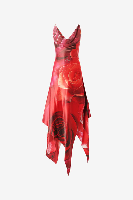 RC Dress With Asymmetric Skirt And Rose Print RC Dress With Asymmetric Skirt And Rose Print Red UKT116-RYN48