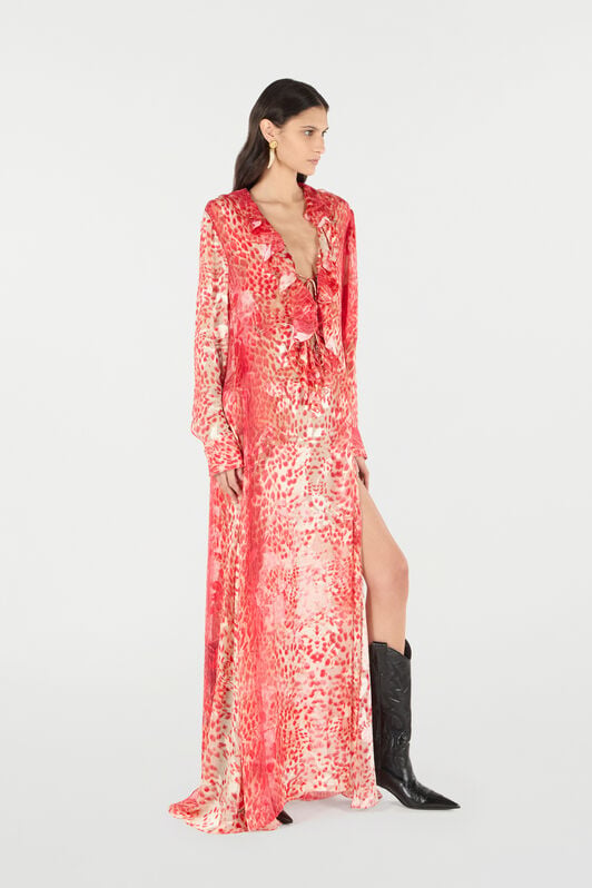 RC Langes Kleid mit Volant und Print Jaguar Skin RC Langes Kleid mit Volant und Print Jaguar Skin Rot UKT115-HEN58