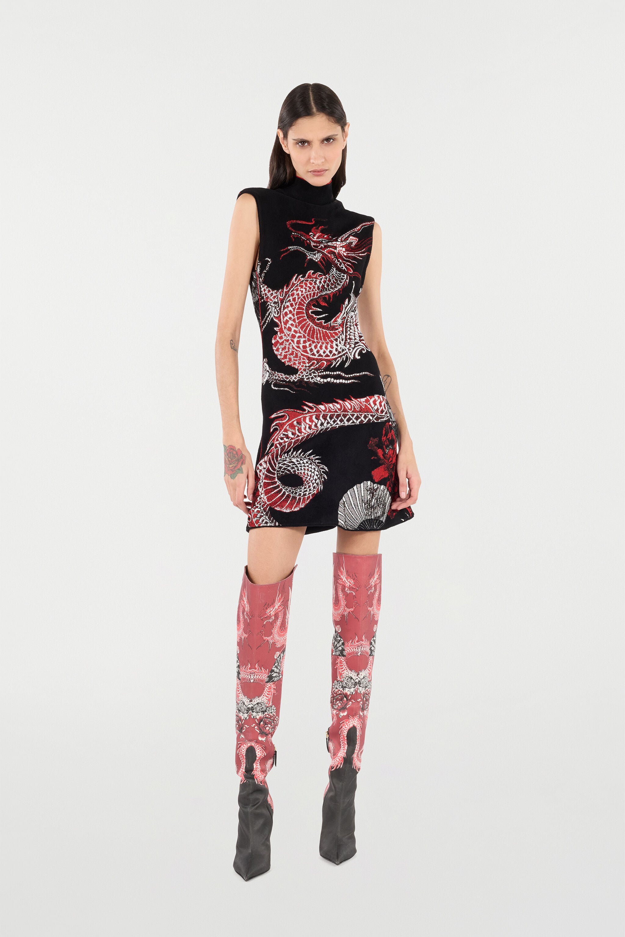 Mini Dress With Floral And Dragon Pattern in Black/Red for Women