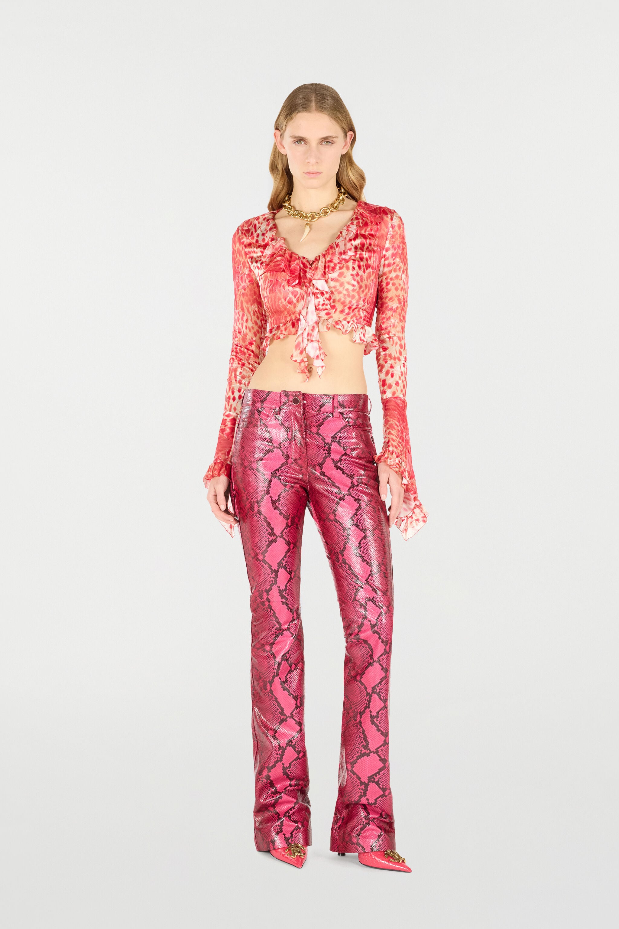 RC Crop Top With Ruffle And Jaguar Skin Print RC Crop Top With Ruffle And Jaguar Skin Print Red UKT707-HEN58