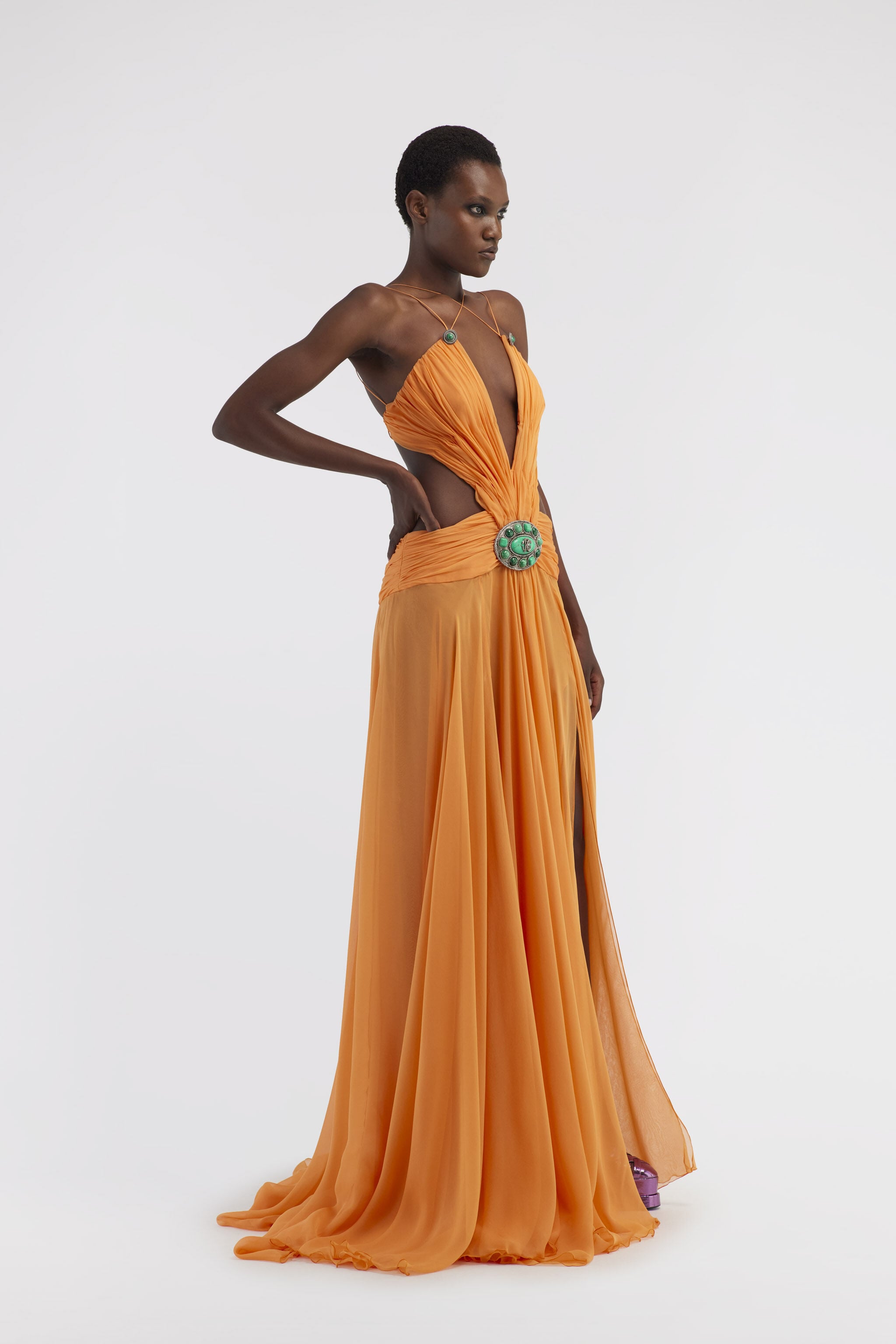 Long silk dress with cut-out in Orange for Women | Roberto Cavalli®