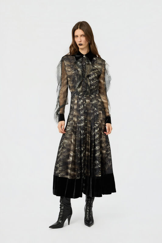 RC Vestido midi de seda con estampado Fur BLACK/BEIGE XWT113-OZT79